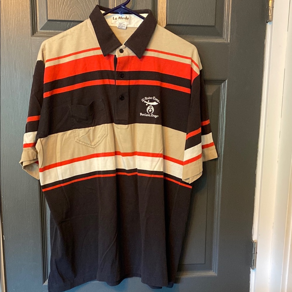 Vintage Men's Striped Polo Shirt - Black, Red, Tan Shriners